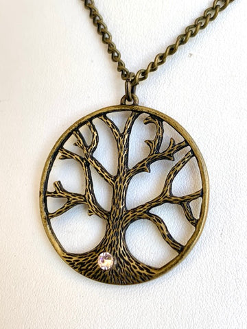Brass Tone Tree of Life Crystal Necklace