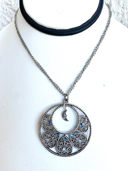 Silver Moon Blue Crystal Open Scrollwork Necklace