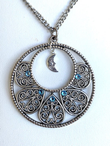 Silver Moon Blue Crystal Open Scrollwork Necklace