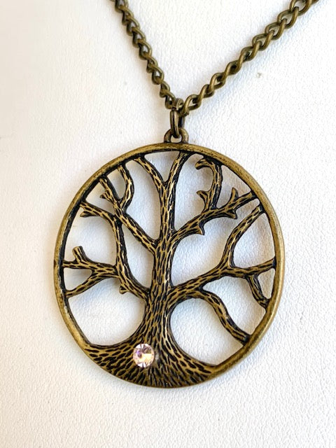 Brass Tone Tree of Life Crystal Necklace