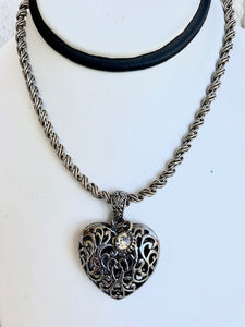 Large Silver Scrollwork Heart Rhinestone Necklace