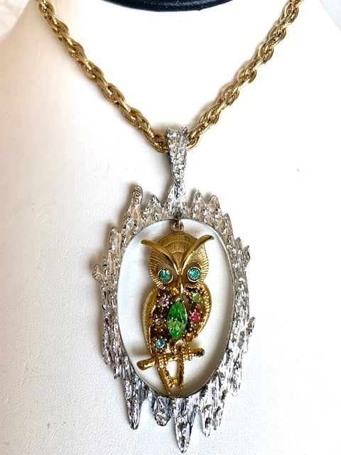 1960's Vintage Rhinestone Owl Necklace by Madeira Creations