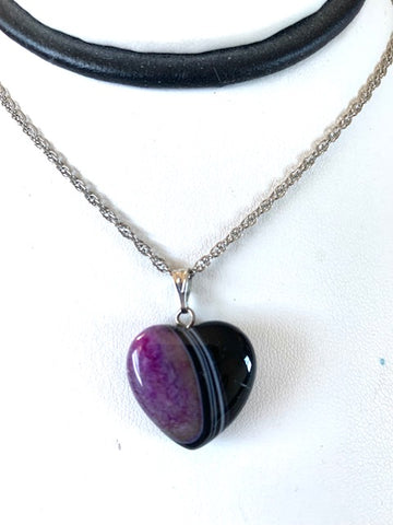 Genuine Purple Agate and Onyx Heart Pendant