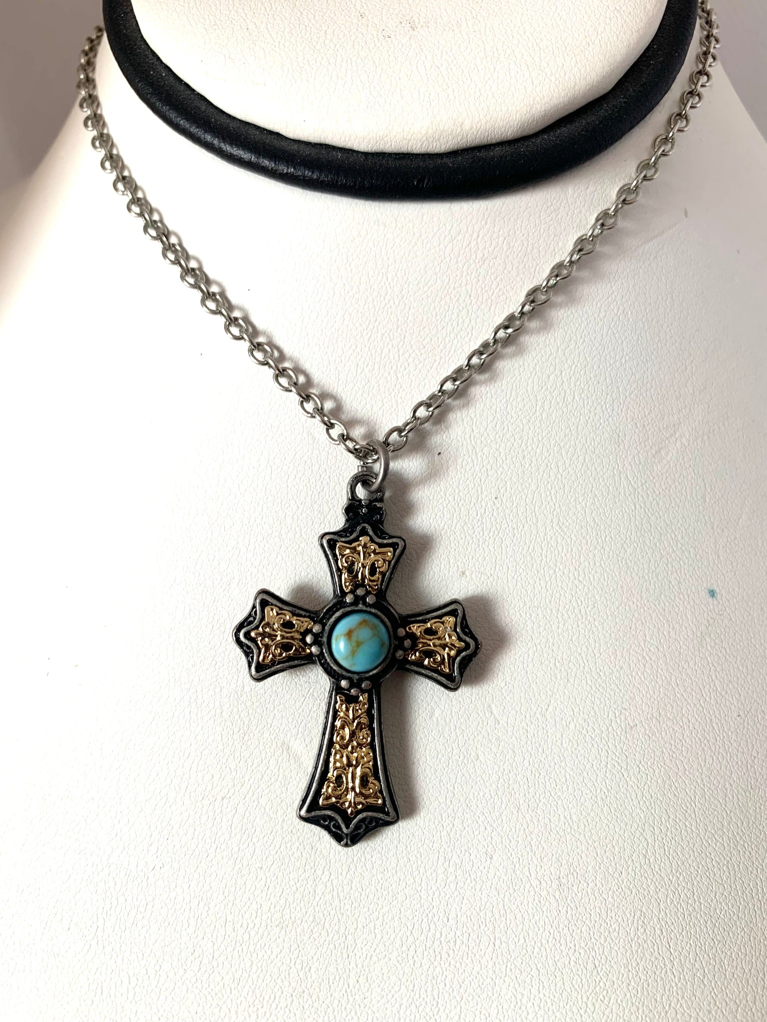 Antiqued Turquoise Gold Tone Filigree Cross Pendant Necklace