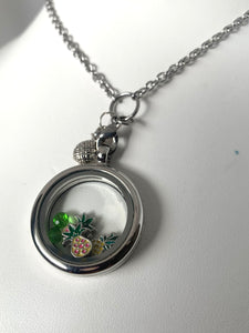 Crazy Pineapple Charms Silver Glass Locket Necklace