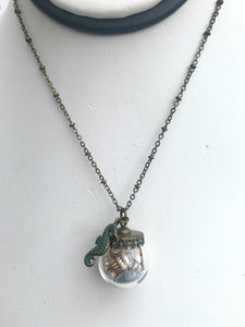 Antique Brass Seahorse Glass Globe Seashell Necklace