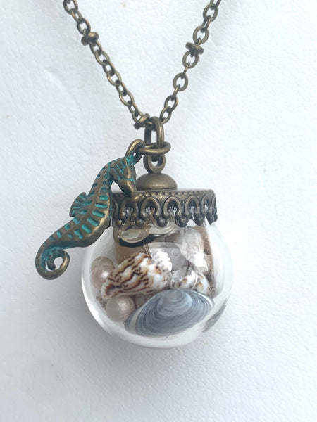 Antique Brass Seahorse Glass Globe Seashell Necklace